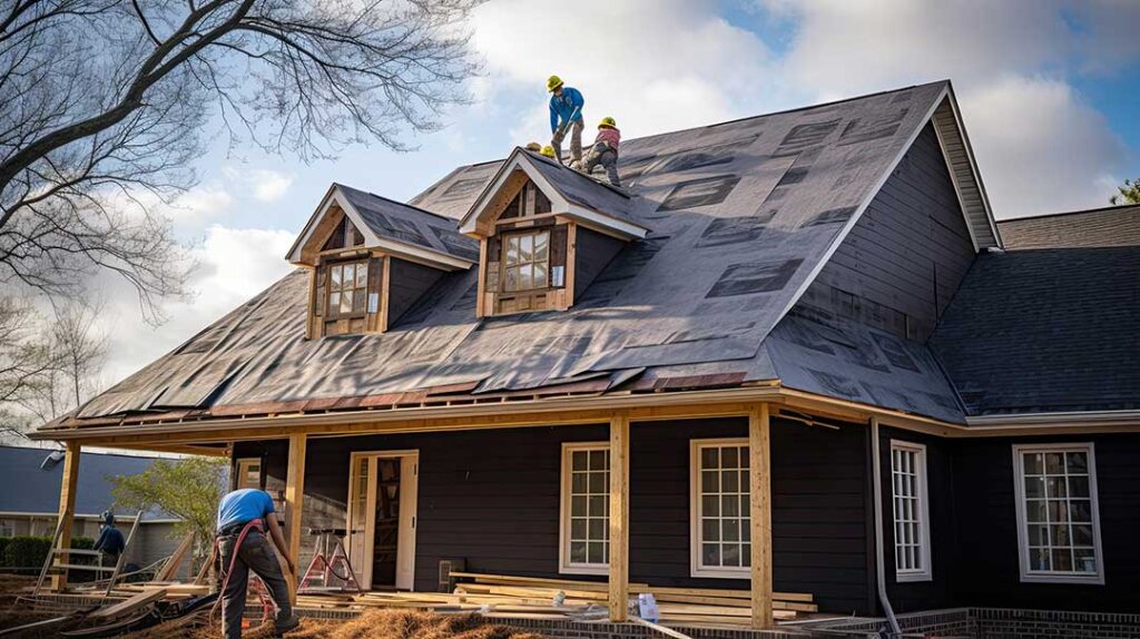 Roofing workers inspect attic insulation beneath a newly installed roof on a two-story home.