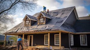Roofing workers inspect attic insulation beneath a newly installed roof on a two-story home.