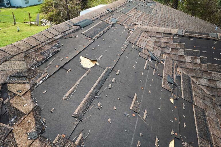 A code inspector reviews roof plans beside a residential home with shingles, flashing, and attic ventilation visible.