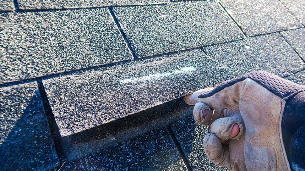 Worker secures a temporary roof covering while a resident watches from a safe distance.