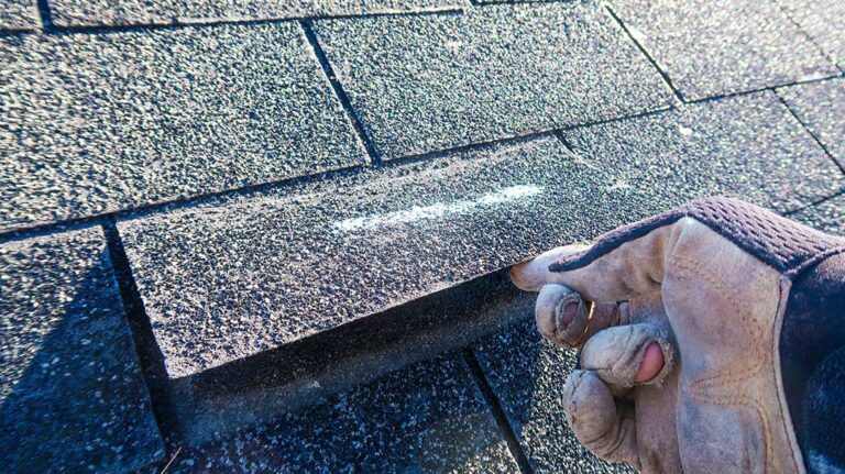 Worker secures a temporary roof covering while a resident watches from a safe distance.